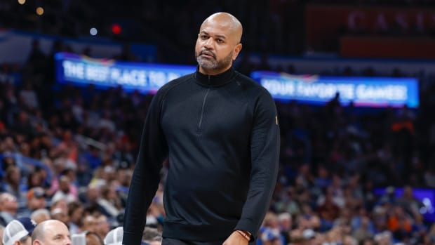 Nov 8, 2023; Oklahoma City, Oklahoma, USA; Cleveland Cavaliers head coach J. B. Bickerstaff reacts after a play against the Oklahoma City Thunder during the second half at Paycom Center. Oklahoma City won 128-120. 